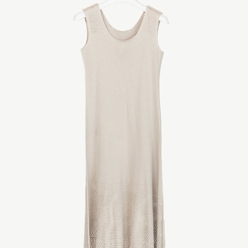 Issey Miyake Fete Grey Mesh-Knit Fringe-Hem Maxi Dress